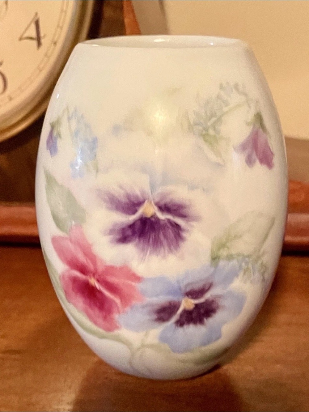 Floral Pansy Porcelain Vase in White with Purple and Pink Accents
